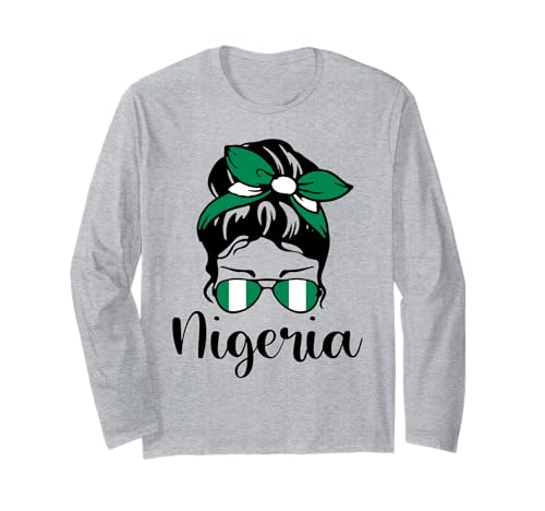 Patriotische Nigeria Messy Bun Nigerianische Flagge Mama Mädchen Kinder Langarmshirt von Nigerian Nigeria Flag Designs