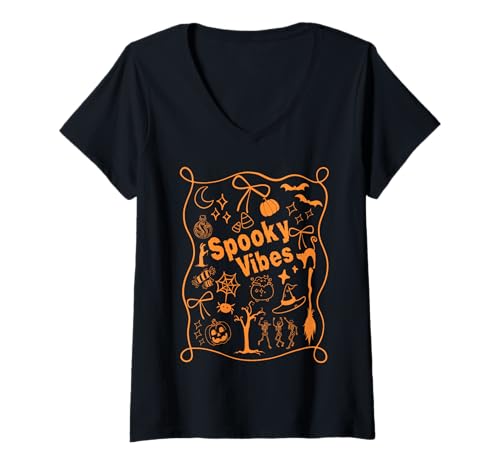 Damen Gruseliges Halloween-Doodle T-Shirt mit V-Ausschnitt Damen Gruseliges Halloween-Doodle T-Shirt mit V-Ausschnitt von Night Creatures