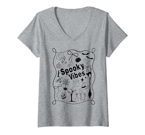 Damen Gruseliges Halloween-Doodle T-Shirt mit V-Ausschnitt von Night Creatures