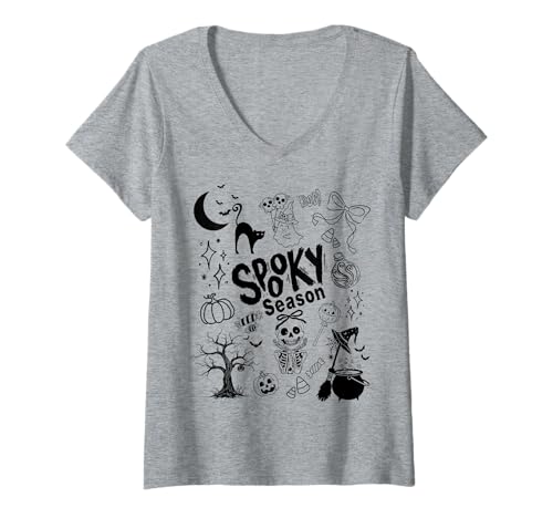 Damen Halloween-Gruseljahres-Doodle T-Shirt mit V-Ausschnitt von Night Creatures