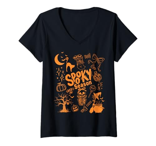 Damen Halloween-Gruseljahres-Doodle T-Shirt mit V-Ausschnitt Damen Halloween-Gruseljahres-Doodle T-Shirt mit V-Ausschnitt von Night Creatures