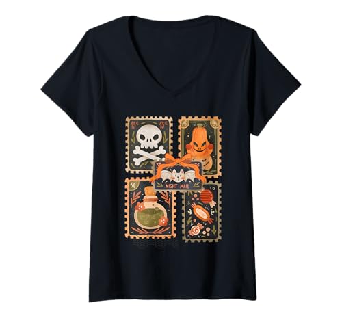 Damen Vintage Halloween Briefmarken Fledermäuse Kürbisse Trank Flasche T-Shirt mit V-Ausschnitt Damen Vintage Halloween Briefmarken Fledermäuse Kürbisse Trank Flasche T-Shirt mit V-Ausschnitt von Night Creatures