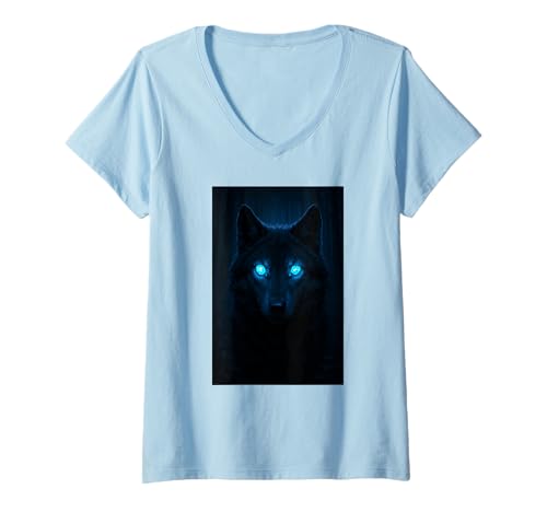 Damen Mystic Wolf Portrait mit blauen Augen Nacht Kunstwerk T-Shirt mit V-Ausschnitt Damen Mystic Wolf Portrait mit blauen Augen Nacht Kunstwerk T-Shirt mit V-Ausschnitt von Night Howl Co.