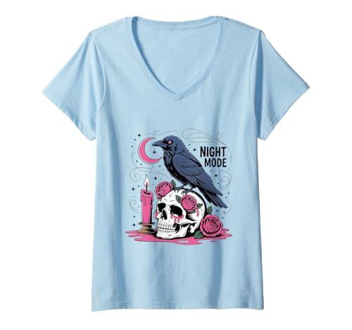 Damen Nachtmodus Rabenschädel Shirt Goth Krähe Kerze Rosen Mond T-Shirt mit V-Ausschnitt von Night Mode Raven Skull Tee Shirts for Halloween