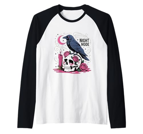 Nachtmodus Rabenschädel Shirt Goth Krähe Kerze Rosen Mond Raglan von Night Mode Raven Skull Tee Shirts for Halloween