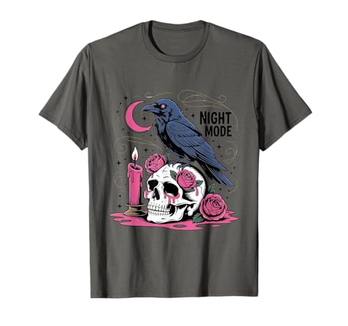 Nachtmodus Rabenschädel Shirt Goth Krähe Kerze Rosen Mond T-Shirt von Night Mode Raven Skull Tee Shirts for Halloween