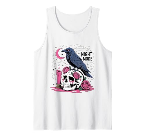 Nachtmodus Rabenschädel Shirt Goth Krähe Kerze Rosen Mond Tank Top von Night Mode Raven Skull Tee Shirts for Halloween