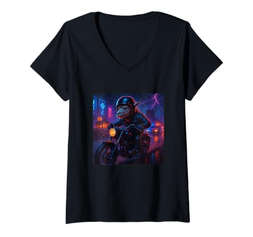 Damen Alpaka Cyberpunk Rider Motorrad Biker Synthwave T-Shirt mit V-Ausschnitt von Night Motorcyclist Futuristic Race Bike Sci-Fi