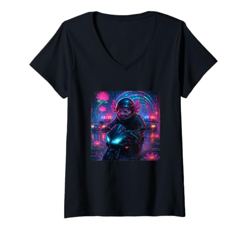 Damen Axolotl Cyberpunk Rider Motorrad Biker Synthwave T-Shirt mit V-Ausschnitt von Night Motorcyclist Futuristic Race Bike Sci-Fi