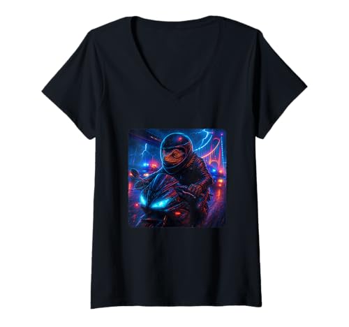 Damen Bearded Dragon Cyberpunk Rider Motorrad Biker Synthwave T-Shirt mit V-Ausschnitt von Night Motorcyclist Futuristic Race Bike Sci-Fi
