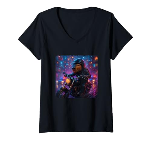 Damen Capybara Cyberpunk Rider Motorrad Biker Synthwave T-Shirt mit V-Ausschnitt von Night Motorcyclist Futuristic Race Bike Sci-Fi