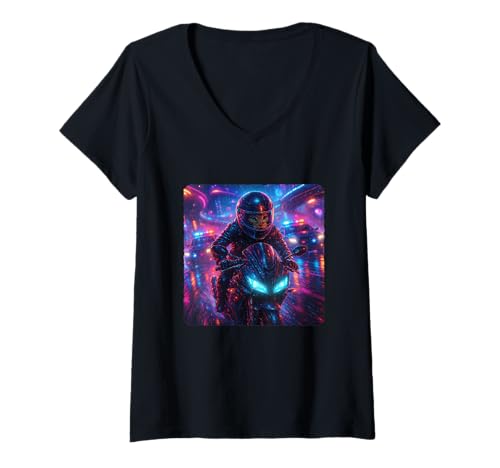 Damen Cat Cyberpunk Rider Motorrad Biker Synthwave T-Shirt mit V-Ausschnitt von Night Motorcyclist Futuristic Race Bike Sci-Fi