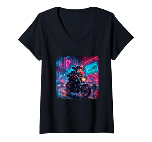 Damen Cow Cyberpunk Rider Motorrad Biker Synthwave T-Shirt mit V-Ausschnitt von Night Motorcyclist Futuristic Race Bike Sci-Fi