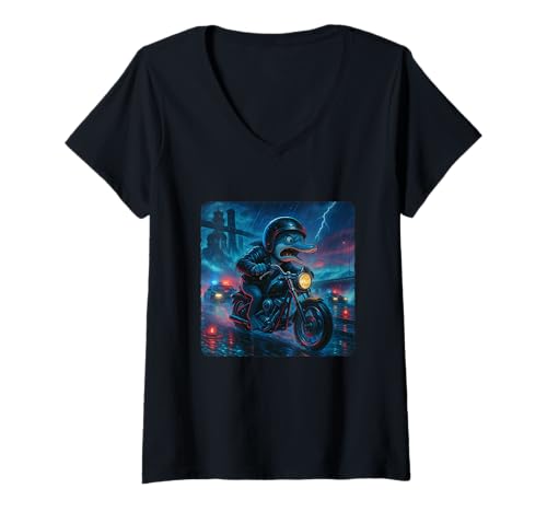 Damen Dolphin Cyberpunk Rider Motorrad Biker Synthwave T-Shirt mit V-Ausschnitt von Night Motorcyclist Futuristic Race Bike Sci-Fi