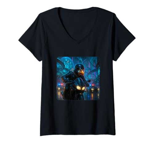 Damen Eagle Cyberpunk Rider Motorrad Biker Synthwave T-Shirt mit V-Ausschnitt von Night Motorcyclist Futuristic Race Bike Sci-Fi