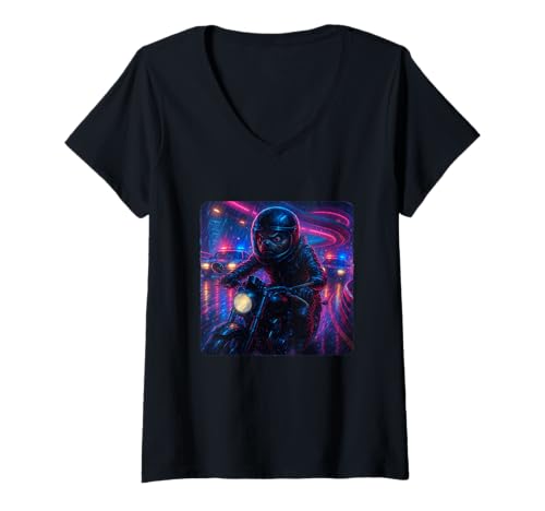 Damen Faultier Cyberpunk Rider Motorrad Biker Synthwave T-Shirt mit V-Ausschnitt von Night Motorcyclist Futuristic Race Bike Sci-Fi