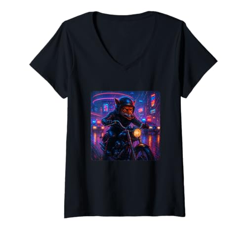 Damen Fox Cyberpunk Rider Motorrad Biker Synthwave T-Shirt mit V-Ausschnitt von Night Motorcyclist Futuristic Race Bike Sci-Fi