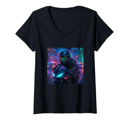 Damen Frog Cyberpunk Rider Motorrad Biker Synthwave T-Shirt mit V-Ausschnitt von Night Motorcyclist Futuristic Race Bike Sci-Fi