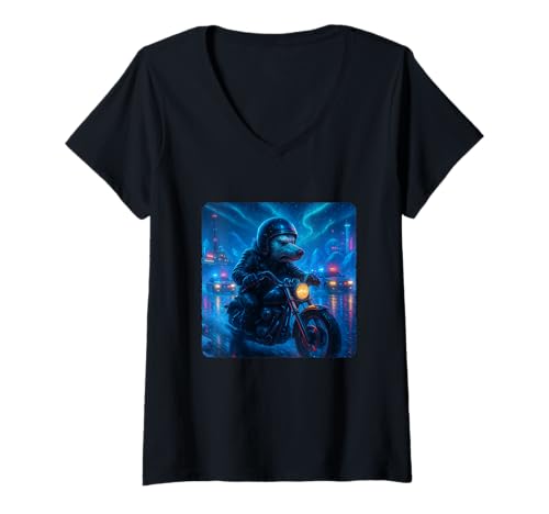 Damen Ice Bear Cyberpunk Rider Motorrad Biker Synthwave T-Shirt mit V-Ausschnitt von Night Motorcyclist Futuristic Race Bike Sci-Fi