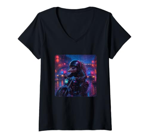 Damen Igel Cyberpunk Rider Motorrad Biker Synthwave T-Shirt mit V-Ausschnitt von Night Motorcyclist Futuristic Race Bike Sci-Fi
