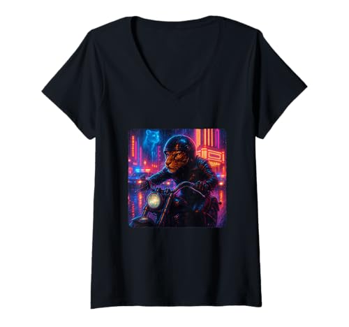Damen Leopard Cyberpunk Rider Motorrad Biker Synthwave T-Shirt mit V-Ausschnitt von Night Motorcyclist Futuristic Race Bike Sci-Fi