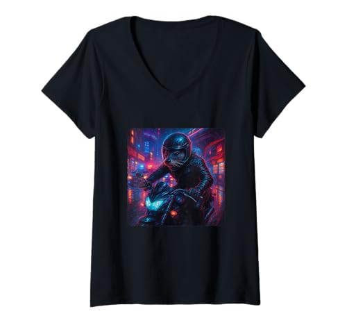 Damen Otter Cyberpunk Rider Motorrad Biker Synthwave T-Shirt mit V-Ausschnitt von Night Motorcyclist Futuristic Race Bike Sci-Fi