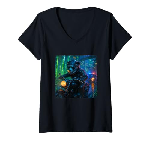 Damen Panda Cyberpunk Rider Motorrad Biker Synthwave T-Shirt mit V-Ausschnitt von Night Motorcyclist Futuristic Race Bike Sci-Fi