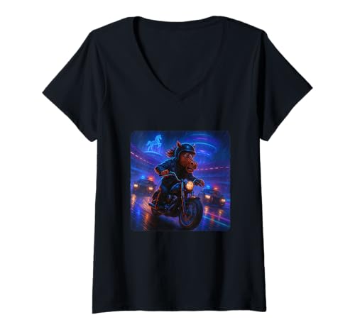 Damen Pferd Cyberpunk Rider Motorrad Biker Synthwave T-Shirt mit V-Ausschnitt von Night Motorcyclist Futuristic Race Bike Sci-Fi