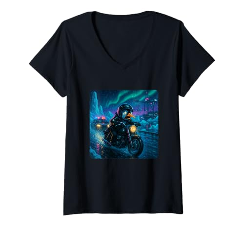 Damen Pinguin Cyberpunk Rider Motorrad Biker Synthwave T-Shirt mit V-Ausschnitt von Night Motorcyclist Futuristic Race Bike Sci-Fi