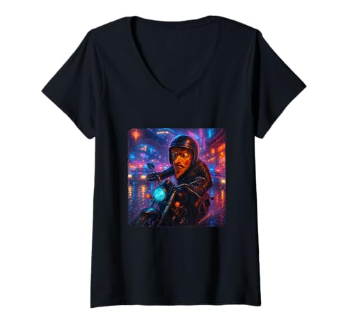 Damen Pizza Cyberpunk Rider Motorrad Biker Synthwave T-Shirt mit V-Ausschnitt von Night Motorcyclist Futuristic Race Bike Sci-Fi