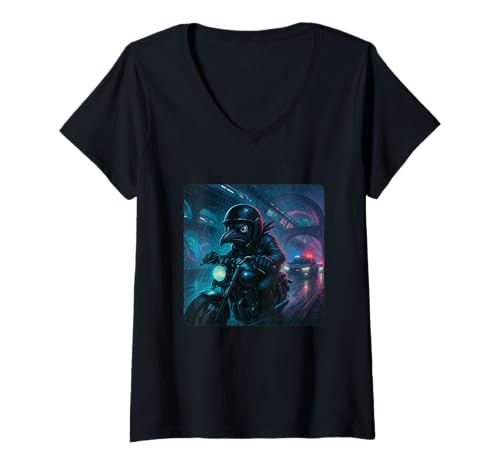 Damen Raven Cyberpunk Rider Motorrad Biker Synthwave T-Shirt mit V-Ausschnitt von Night Motorcyclist Futuristic Race Bike Sci-Fi