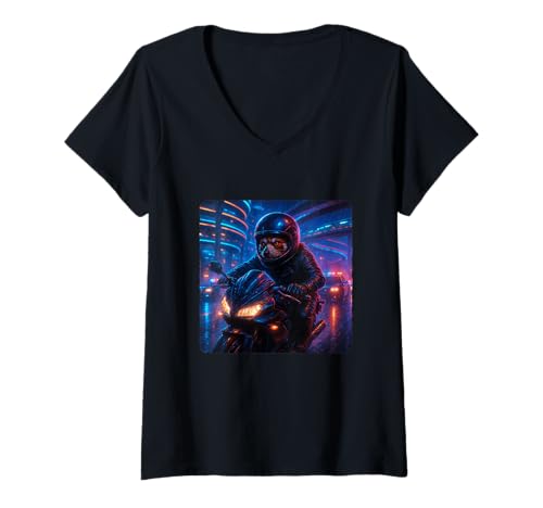 Damen Red Panda Cyberpunk Rider Motorrad Biker Synthwave T-Shirt mit V-Ausschnitt von Night Motorcyclist Futuristic Race Bike Sci-Fi