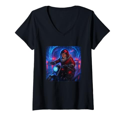 Damen Santa Claus Cyberpunk Rider Motorrad Biker Synthwave T-Shirt mit V-Ausschnitt von Night Motorcyclist Futuristic Race Bike Sci-Fi