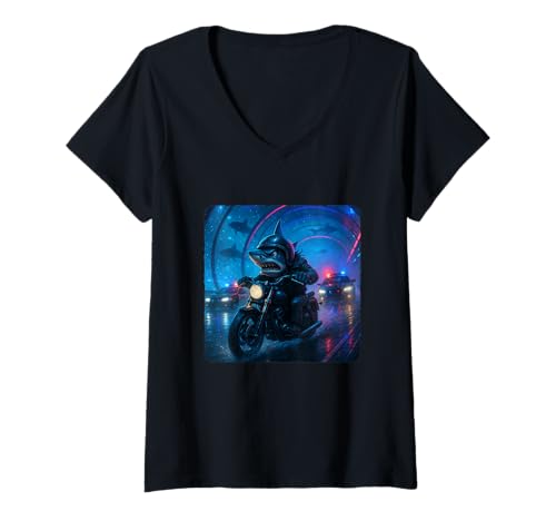Damen Shark Cyberpunk Rider Motorrad Biker Synthwave T-Shirt mit V-Ausschnitt von Night Motorcyclist Futuristic Race Bike Sci-Fi