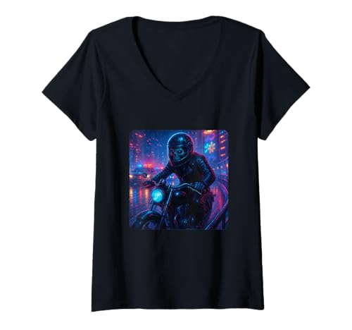 Damen Skelett Cyberpunk Rider Motorrad Biker Synthwave T-Shirt mit V-Ausschnitt von Night Motorcyclist Futuristic Race Bike Sci-Fi