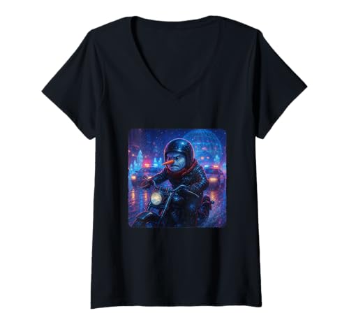 Damen Snowman Cyberpunk Rider Motorrad Biker Synthwave T-Shirt mit V-Ausschnitt von Night Motorcyclist Futuristic Race Bike Sci-Fi