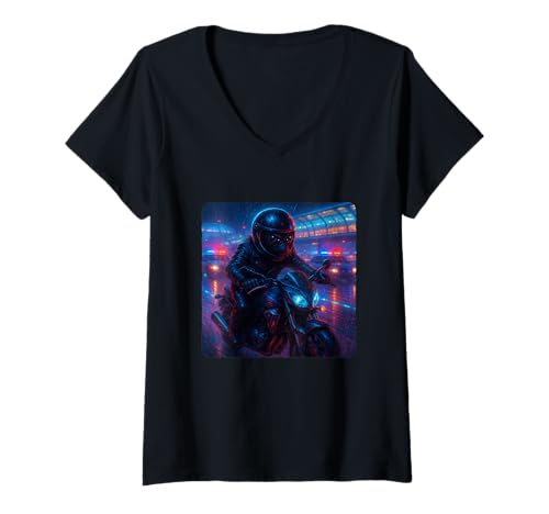 Damen Spider Cyberpunk Rider Motorrad Biker Synthwave T-Shirt mit V-Ausschnitt von Night Motorcyclist Futuristic Race Bike Sci-Fi