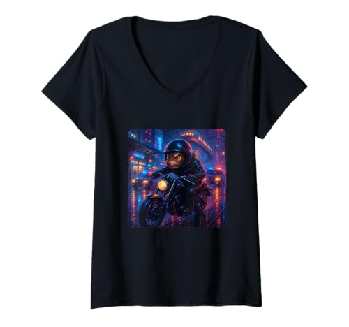 Damen Squirrel Cyberpunk Rider Motorrad Biker Synthwave T-Shirt mit V-Ausschnitt von Night Motorcyclist Futuristic Race Bike Sci-Fi