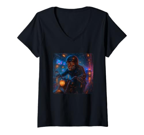 Damen Tiger Cyberpunk Rider Motorrad Biker Synthwave T-Shirt mit V-Ausschnitt von Night Motorcyclist Futuristic Race Bike Sci-Fi