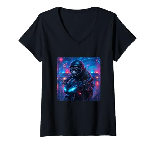 Damen Waschbär Cyberpunk Rider Motorrad Biker Synthwave T-Shirt mit V-Ausschnitt von Night Motorcyclist Futuristic Race Bike Sci-Fi