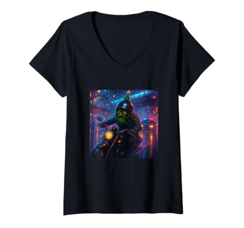 Damen Weihnachtsbaum Cyberpunk Rider Motorrad Biker Synthwave T-Shirt mit V-Ausschnitt von Night Motorcyclist Futuristic Race Bike Sci-Fi