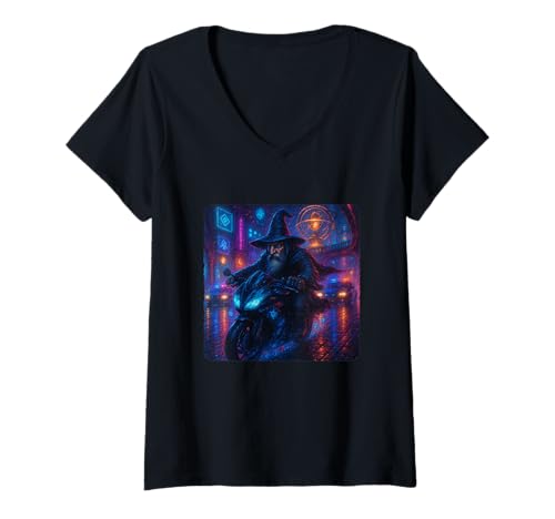 Damen Wizard Cyberpunk Rider Motorrad Biker Synthwave T-Shirt mit V-Ausschnitt von Night Motorcyclist Futuristic Race Bike Sci-Fi