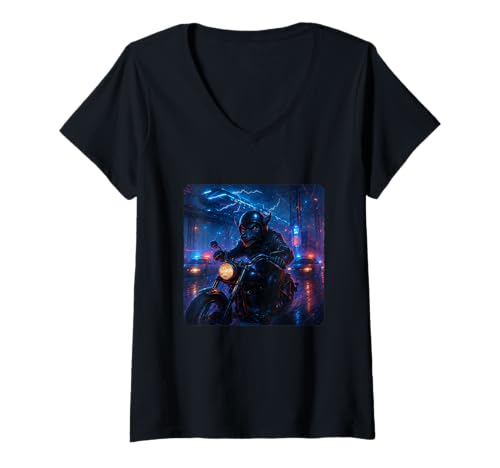 Damen Wolf Cyberpunk Rider Motorrad Biker Synthwave T-Shirt mit V-Ausschnitt von Night Motorcyclist Futuristic Race Bike Sci-Fi