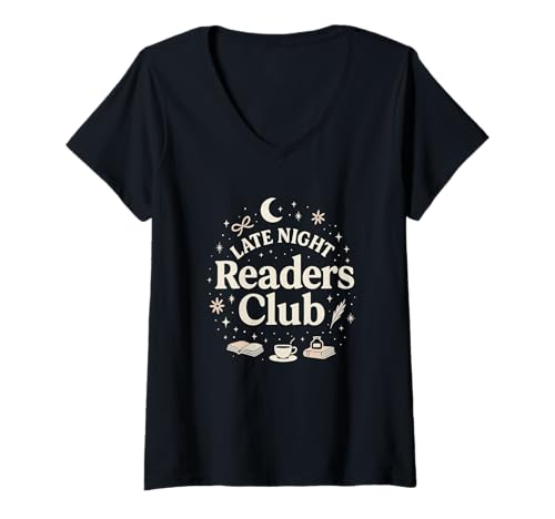 Damen Late Night Readers Club Moon & Stars Book Lover T-Shirt mit V-Ausschnitt Damen Late Night Readers Club Moon & Stars Book Lover T-Shirt mit V-Ausschnitt von Night Owl Reading Co.