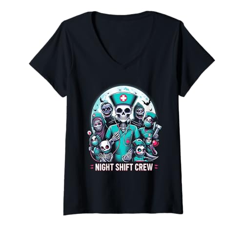 Damen Night-Shift Crew Ghost Skelett Zombie Lustig Halloween Krankenschwester T-Shirt mit V-Ausschnitt Damen Night-Shift Crew Ghost Skelett Zombie Lustig Halloween Krankenschwester T-Shirt mit V-Ausschnitt von Night-Shift Crew Ghost Skeleton Zombie Nurse