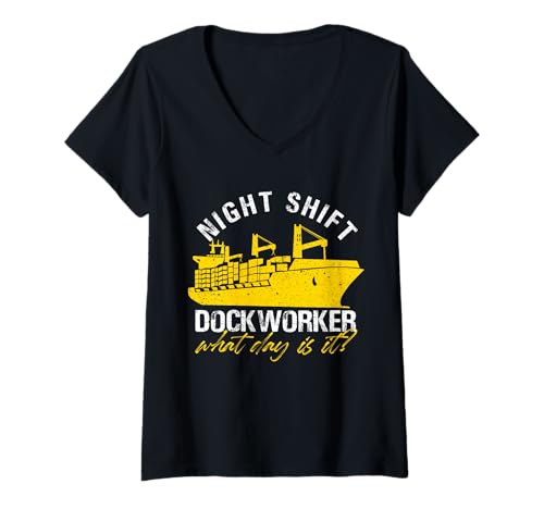 Damen Nachtschicht-Dockworker-Design T-Shirt mit V-Ausschnitt Damen Nachtschicht-Dockworker-Design T-Shirt mit V-Ausschnitt von Night Shift Vibes