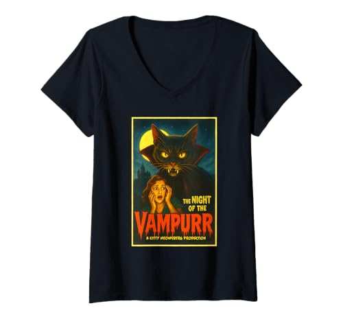 Damen Vampurr Vampir Katze Dracula Vintage Horror Halloween Kitty T-Shirt mit V-Ausschnitt Damen Vampurr Vampir Katze Dracula Vintage Horror Halloween Kitty T-Shirt mit V-Ausschnitt von Night of the Vampurr