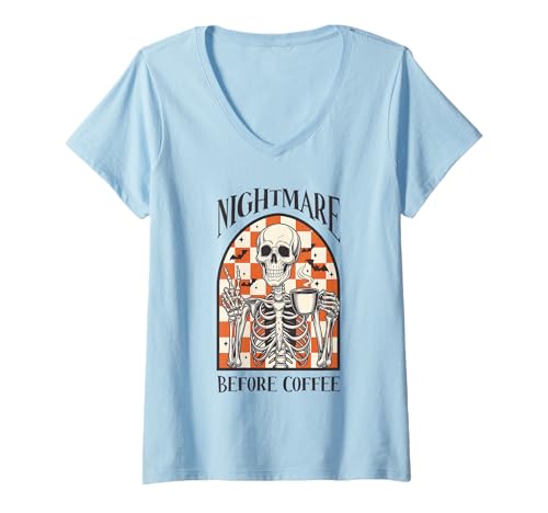 Damen Nightmare Before Coffee Shirt Skelett Tasse Retro Checker T-Shirt mit V-Ausschnitt Damen Nightmare Before Coffee Shirt Skelett Tasse Retro Checker T-Shirt mit V-Ausschnitt von Nightmare Before Coffee Tee Shirts for men women