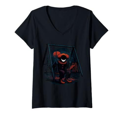 Damen Gruseliger Clown auf Schaukel Horror Art T-Shirt mit V-Ausschnitt Damen Gruseliger Clown auf Schaukel Horror Art T-Shirt mit V-Ausschnitt von Nightmare Carnival Artworks