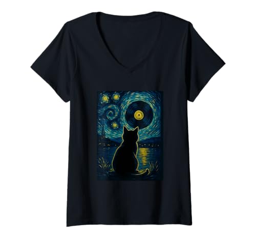 Damen Vinyl-Schallplatte Van Gogh Moonlit Stars Starry Night Cat T-Shirt mit V-Ausschnitt von Nightscape Von Gogh Style Cat Vinyl Record Sky Art